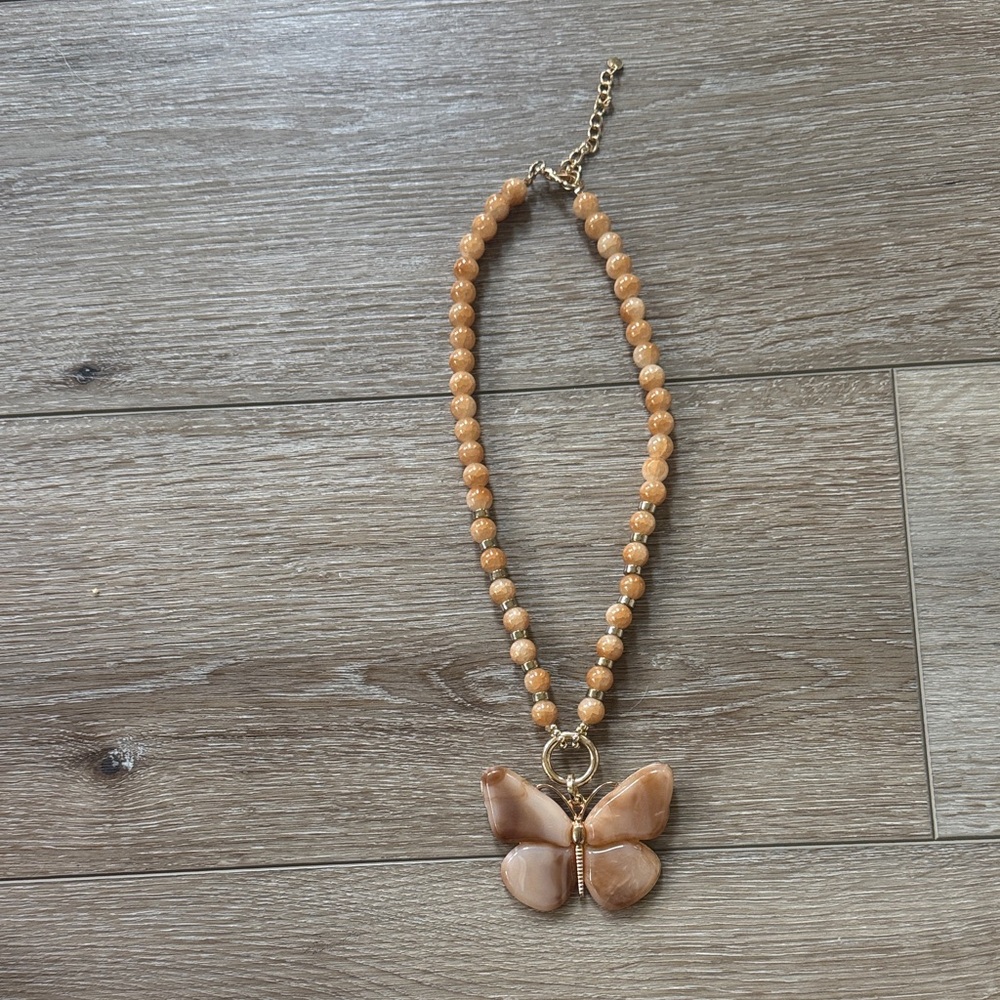 Vintage Beige Stone Beaded Necklace with Butterfly Pendant - Women's Jewelry